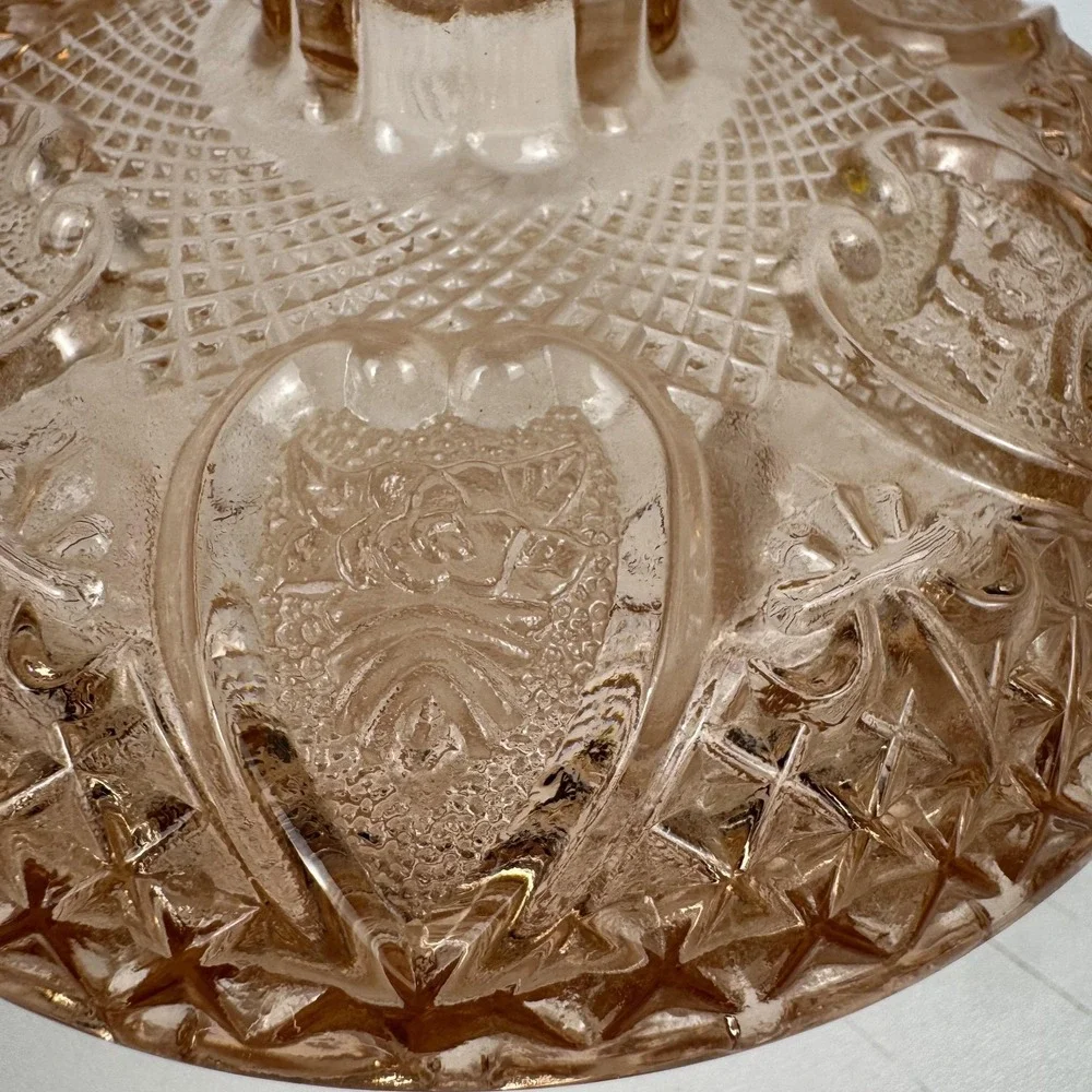 Pink Depression Glass Candy Dish Lidded Bowl Diamond‎ Cut Coquette Cottagecore